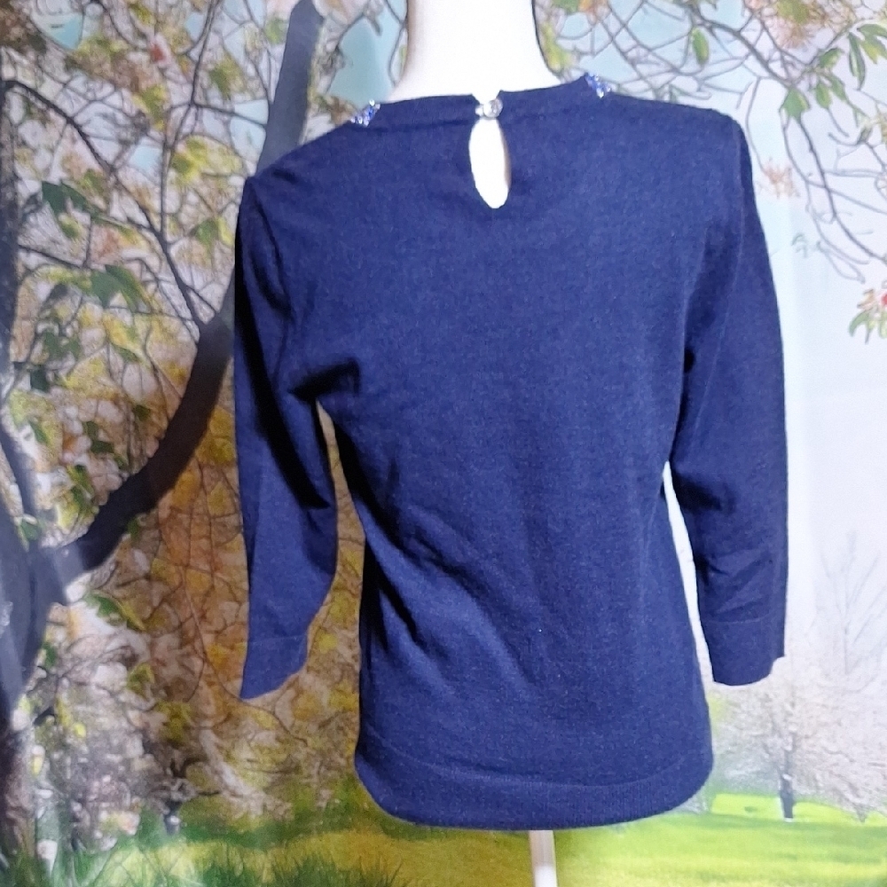 Liz Claiborne Navy Sweater with Floral Collar - Picture 4 of 8